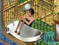 sim sitting sideways over the edge of the bath with arms stretched out in front of her
