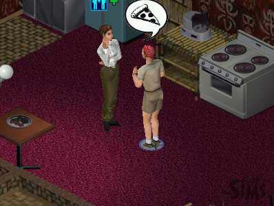 Sim with feet stuck in a plate of pizza